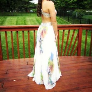 Backless white floral prom dress